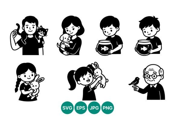 Black White People with Pets Vector