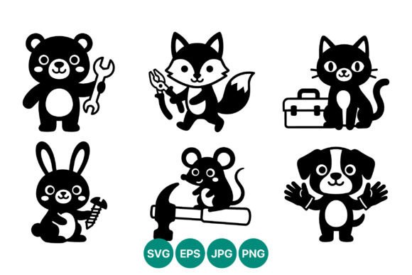 Cute Animal Characters with Tools Black