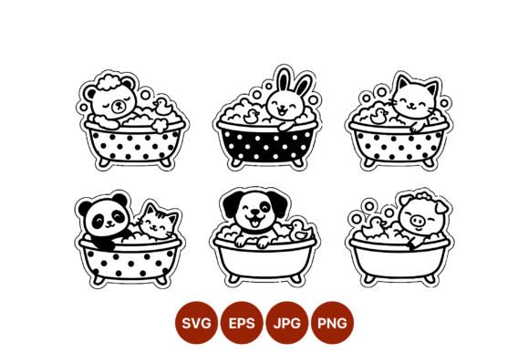 Cute Animals Bathing Line Art Vector