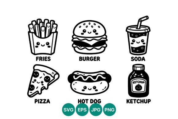 Cute Fast Food Black White Icons