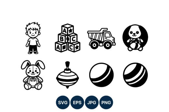 Kids Toys Black and White Vector Icons