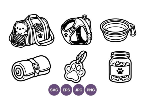 Pet Travel Accessories Line Art Vector