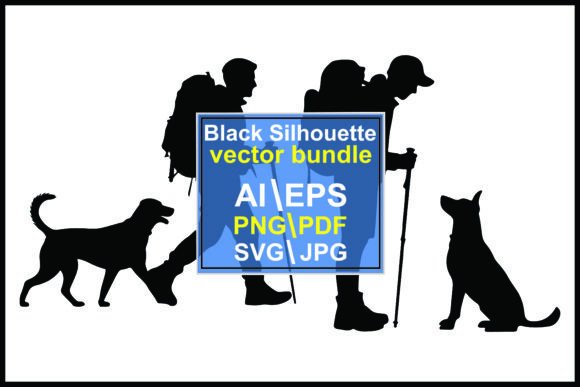 Silhouettes of Hikers Backpacks Dogs Wal