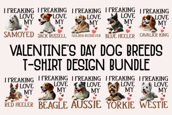 Valentine Day Dog Breeds T-Shirt Design Bundle