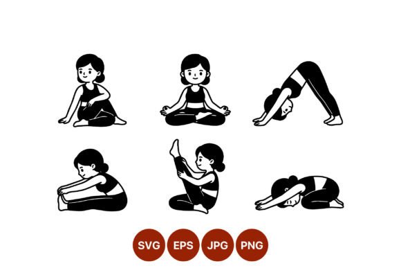 Woman Doing Six Yoga Poses Black White